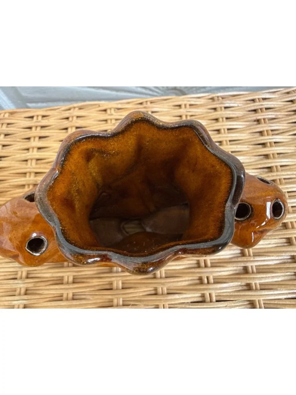 Vintage 70s Anna Van Briggle Brown Pottery Flower Frog Vase